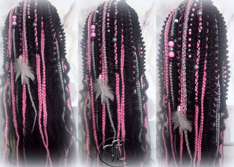 Ponytail Hair Fall Extensions Black Pink Grey Ombre Elements Accents Feathers synthetic box braids hair scrunchie clip in Clip on Braids