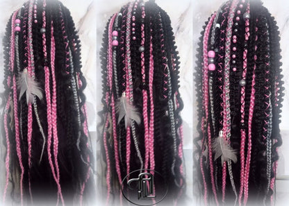 Ponytail Hair Fall Extensions Black Pink Grey Ombre Elements Accents Feathers synthetic box braids hair scrunchie clip in Clip on Braids