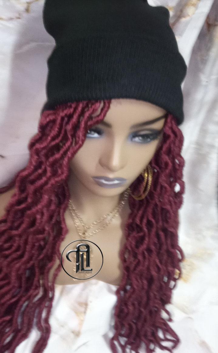 Beanie Hat Burgundy wavy faux locs Boho Style Long Hat Beanie Braided Hat Winter fall fashion Cap Wig Hat Chemo Hat Alopecia