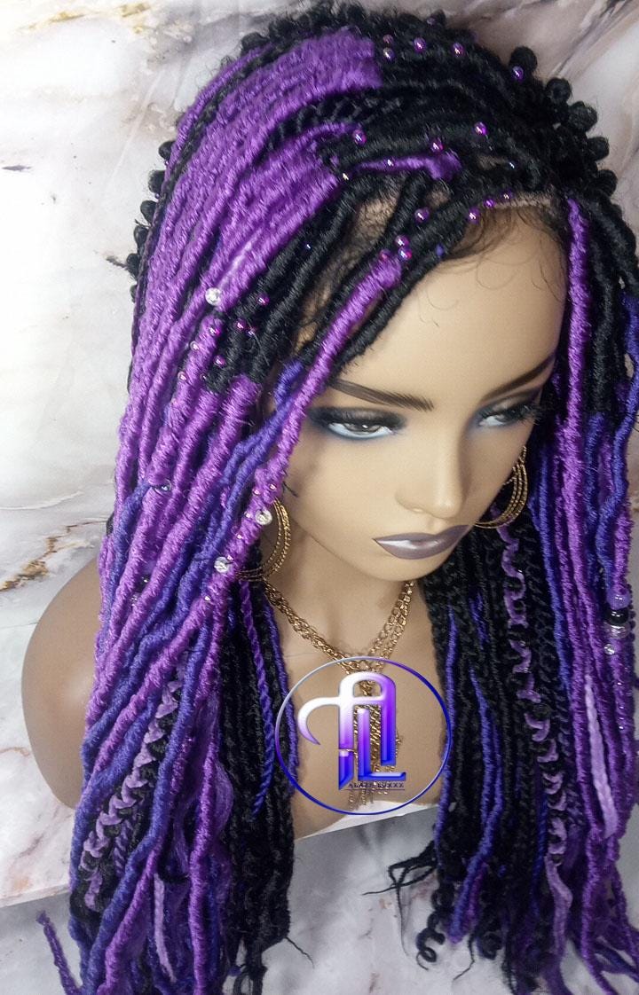 Full Lace Braid Dread Wig Black Purple Ombre Lavendar Goddess Faux Loc Wig Mermaid long rainbow boho bohemian braids wig