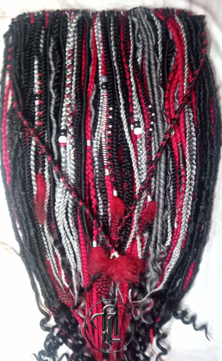 Red Black Silver Single Ended SE Set Kit  Soft Crochet Boho Dread Braid Hair Wrap Extensions Textured EDC EDM Hair Outfit Single Loop Dread