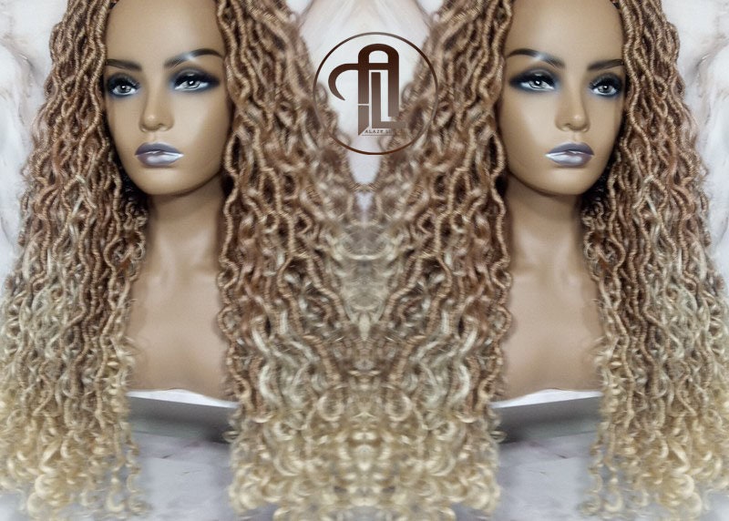 Headband Wig Blonde Mix 27 613 Boho Honey Blonde Goddess Faux Locs Gypsy Bohemian Boho Wig Blonde Marley Curly Waterfall Hair Braided Wig