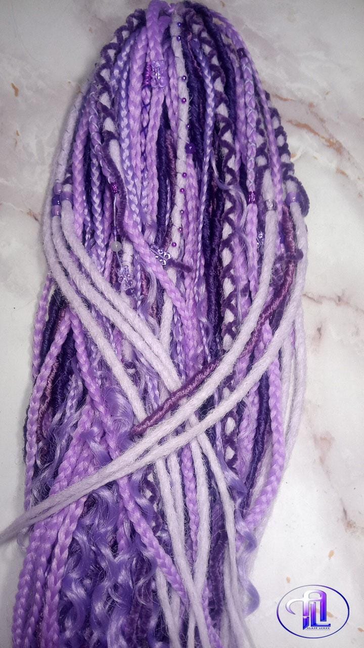 Claw Clip Drawstring Braids Dreads Ponytail Extension Viking Renaissance  Purple Lavender Accents Feathers synthetic clipin Butterfly