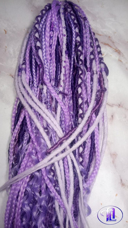 Claw Clip Drawstring Braids Dreads Ponytail Extension Viking Renaissance  Purple Lavender Accents Feathers synthetic clipin Butterfly