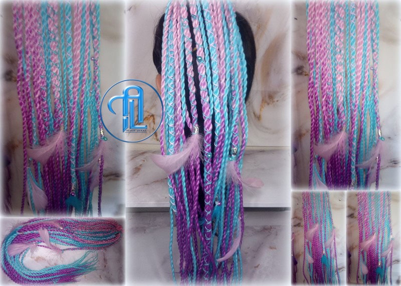 Ponytail Hair Fall Extensions Pink Ombre Purple Blue Elements Accents Feathers senegalese twist braids hair scrunchie gender reveal
