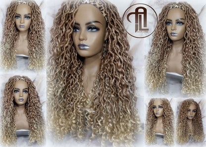 Headband Wig Blonde Mix 27 613 Boho Honey Blonde Goddess Faux Locs Gypsy Bohemian Boho Wig Blonde Marley Curly Waterfall Hair Braided Wig