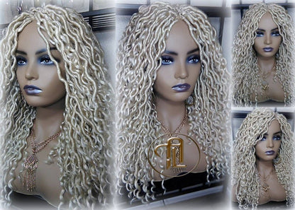 613 Blonde Goddess Faux Locs 14in Short Braid Wig Platinum White Blonde Marley Dred Lock Wig Gypsy Bohemian Boho Lace Part