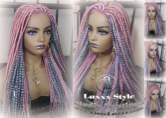 Mermaid Pink Grey Wig Box Braids braided Lace closure Baby hair Light Pink wig pink extensions stage hair gypsy Cosplay Drag Queen