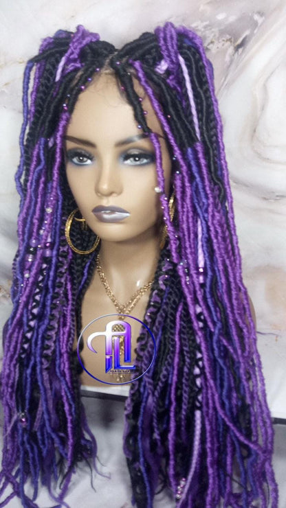 Full Lace Braid Dread Wig Black Purple Ombre Lavendar Goddess Faux Loc Wig Mermaid long rainbow boho bohemian braids wig