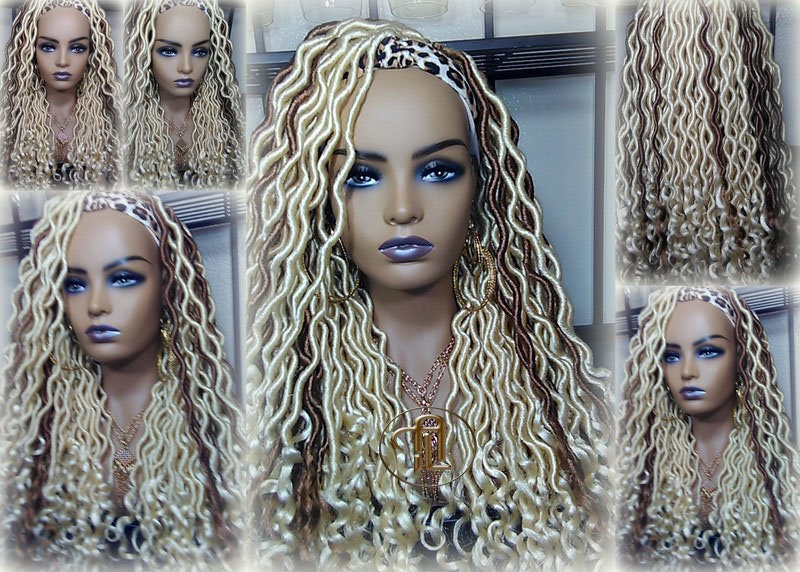 Headband Wig Blonde 613  27 Platinum Honey Blonde Goddess Faux Loc Gypsy Bohemian Boho Wig Blonde Wavy Waterfall Hair Crochet Braided Wig
