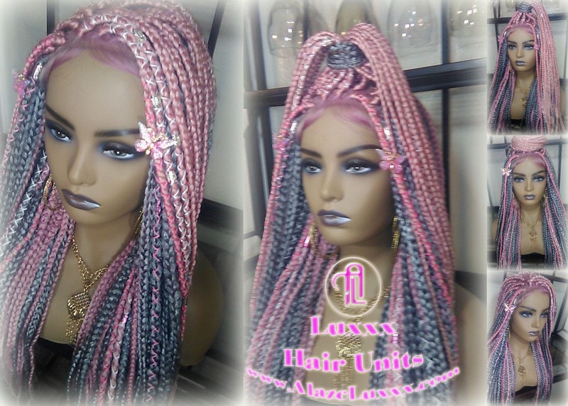 Pink Grey Mermaid Wig Box Braids braided Synthetic hair Lace Baby hair Light Pink wig pink extensions stage hair gypsy Boho Butterfly