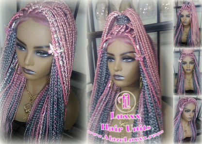 Pink Grey Mermaid Wig Box Braids braided Synthetic hair Lace Baby hair Light Pink wig pink extensions stage hair gypsy Boho Butterfly