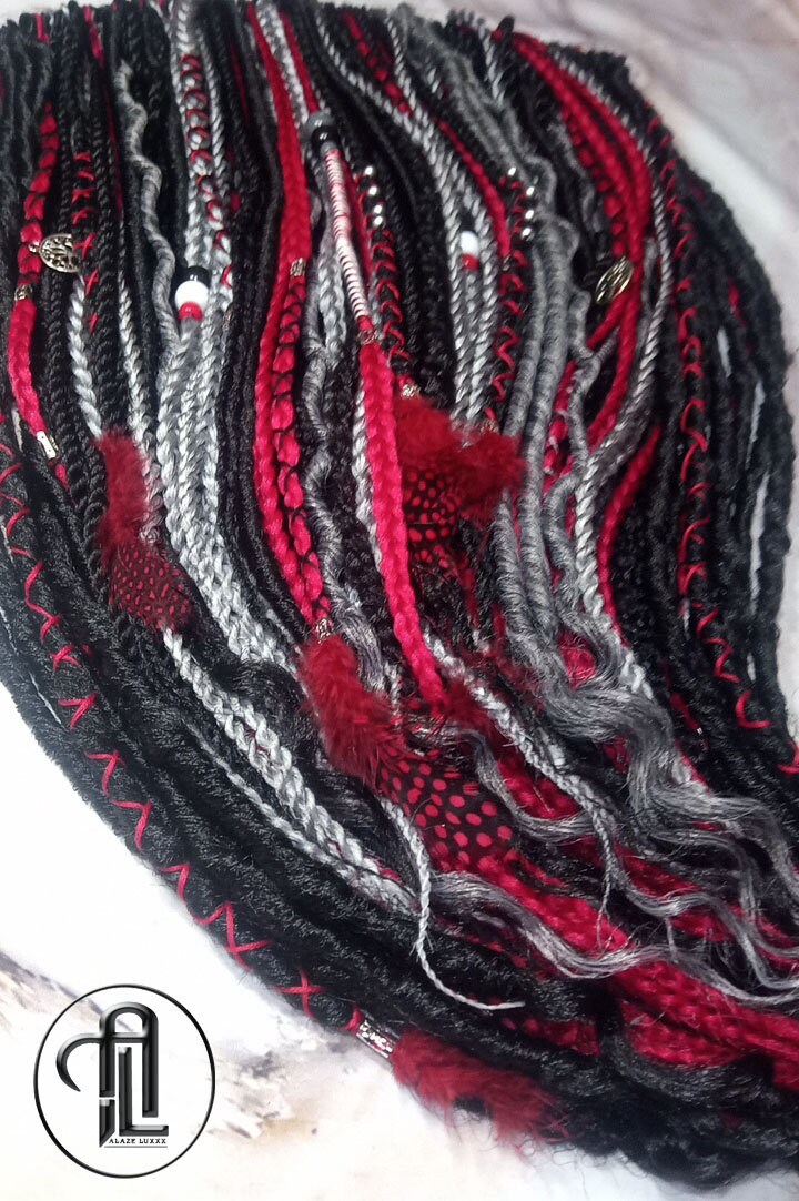 Red Black Silver Single Ended SE Set Kit  Soft Crochet Boho Dread Braid Hair Wrap Extensions Textured EDC EDM Hair Outfit Single Loop Dread