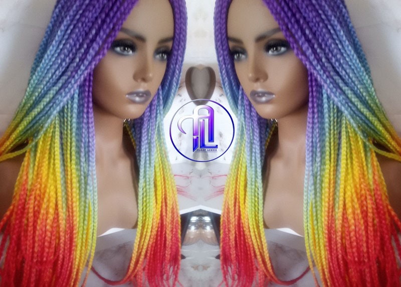 Rainbow Mermaid Purple Blue Yellow Orange  Wig Box Braids braided Synthetic hair Lace Part Wig Pride Ready to Ship LGBT Pride