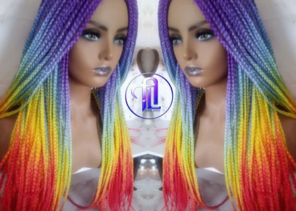 Rainbow Mermaid Purple Blue Yellow Orange  Wig Box Braids braided Synthetic hair Lace Part Wig Pride Ready to Ship LGBT Pride