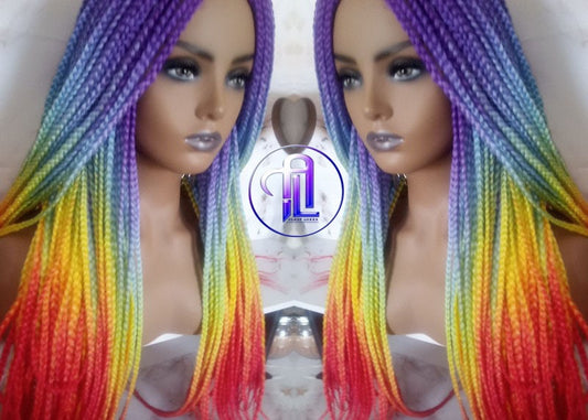 Rainbow Mermaid Purple Blue Yellow Orange  Wig Box Braids braided Synthetic hair Lace Part Wig Pride Ready to Ship LGBT Pride