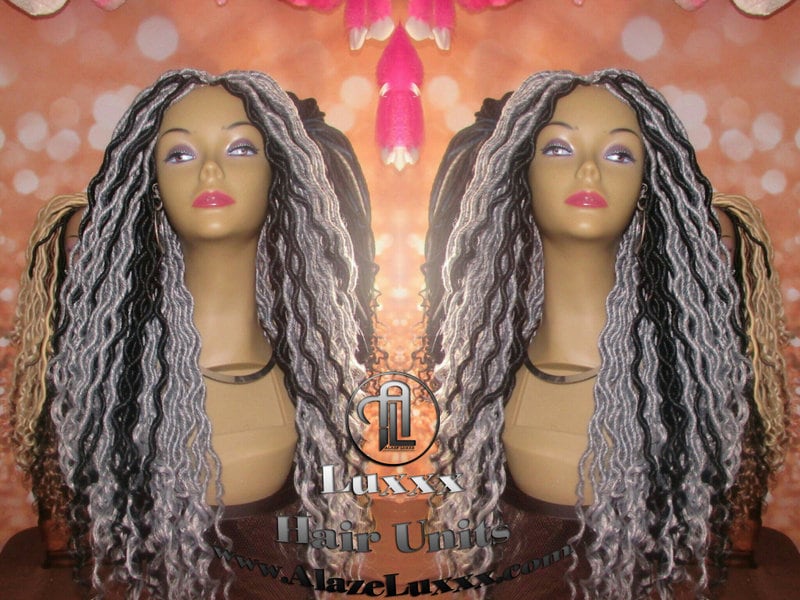 Salt N Pepper 44 51 Grey Gray Silver Platinum Storm Gypsy Bohemian Boho Goddess Faux Dread Locs Wig Unit Wavy NEW Marley Dred  Lock Crochet
