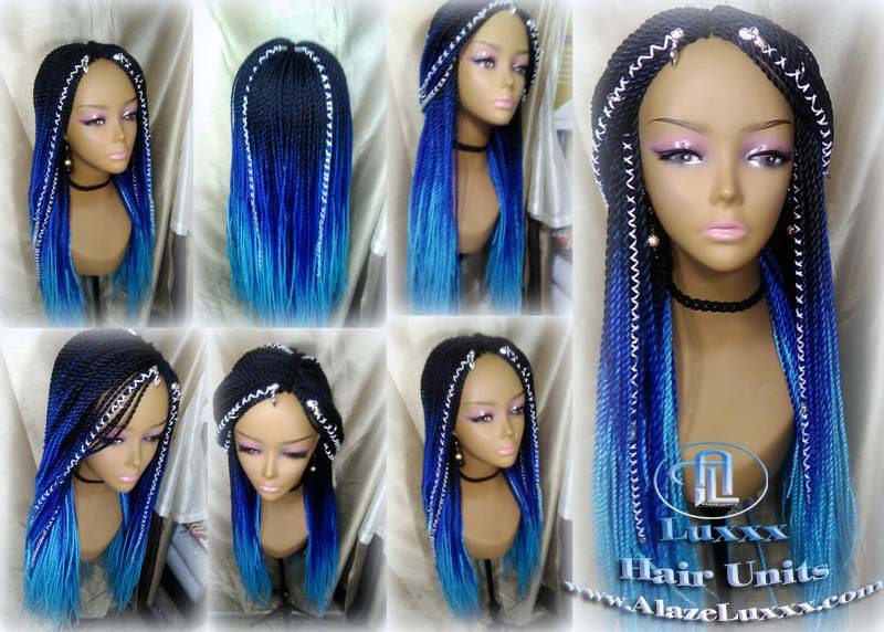 Senegalese Twist Blue Ombre  Braid Wig Unicorn Mermaid Small Long Micro Braids Royal Baby Sky Blue  Wig Sale Alopecia Blue Braids
