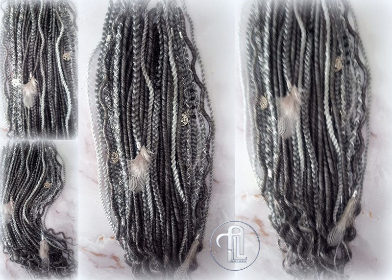 Viking Hair Silver Black Grey Single Ended SE 75 Piece Set Kit Mixed Soft Crochet Boho Dread Braid Hair Wraps Extensions Textured Natural