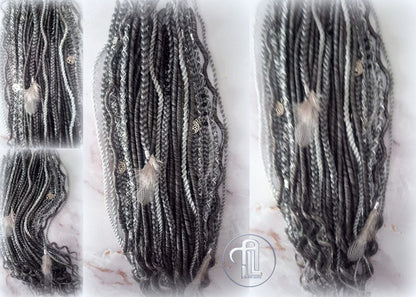 Viking Hair Silver Black Grey Single Ended SE 75 Piece Set Kit Mixed Soft Crochet Boho Dread Braid Hair Wraps Extensions Textured Natural