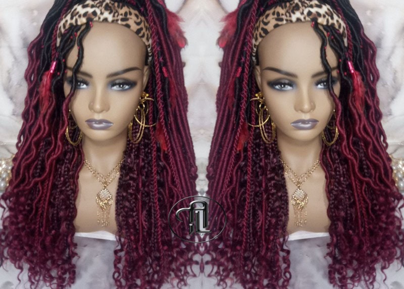 Headband Wig Ombre Black Red Burgundy 530 Dreads Mix Set Twist Soft Crochet Boho Dread Braid Set Bohemian extensions