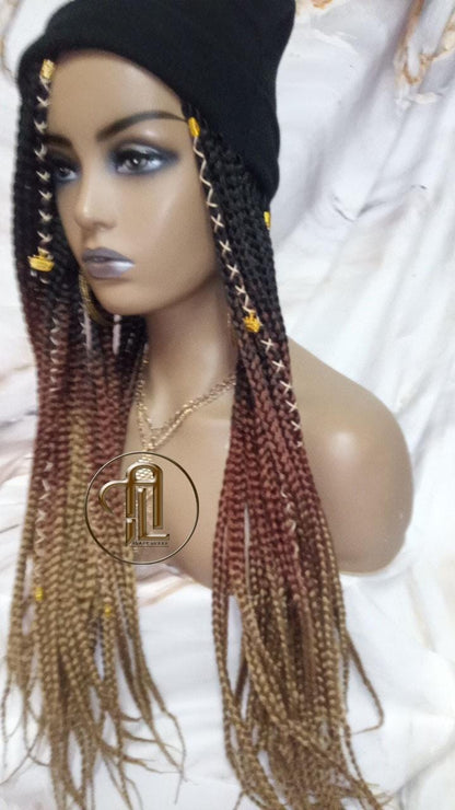 Beanie Hat Black Brown Blonde Ombre Box Braid Boho Style Long Hat Beanie Braided Hat Winter fall fashion Cap Wig Hat Chemo Hat Alopecia