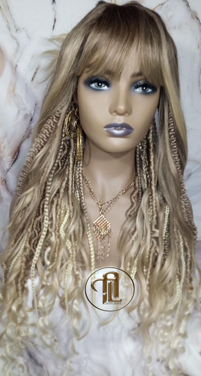 Dread Braid Bangs Full Wig Twist Soft Crochet Boho Synthetic Dread Braid Bohemian Dark Root Ombre Brown Blonde Long Wavy Curly Balayage Wig