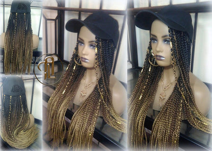 Brown Blonde Ombre Box Braid Hat Wig  Gym Hat Baseball Cap  Braided Hat Wig Women Hair Summer Winter Hat Hair Cap Wig Hat Chemo Hat Alopecia