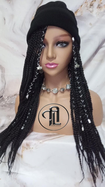Beanie Hat Black Box Braid Boho Style Long Hat Beanie Braided Hat Winter fall fashion Cap Wig Hat Chemo Hat Alopecia Silver Accents Charms