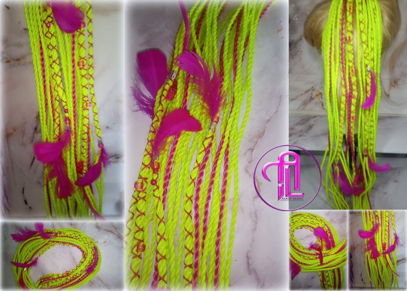 Ponytail Hair Fall Extensions Neon Green Slime Hot Pink Elements Accents Feathers synthetic senegalese twist braids hair scrunchie clip in