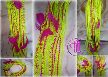 Ponytail Hair Fall Extensions Neon Green Slime Hot Pink Elements Accents Feathers synthetic senegalese twist braids hair scrunchie clip in