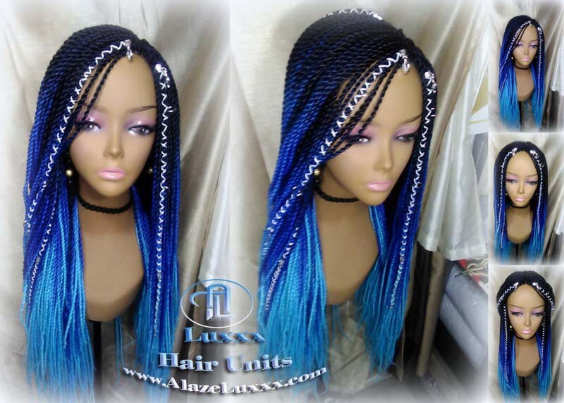 Senegalese Twist Blue Ombre  Braid Wig Unicorn Mermaid Small Long Micro Braids Royal Baby Sky Blue  Wig Sale Alopecia Blue Braids