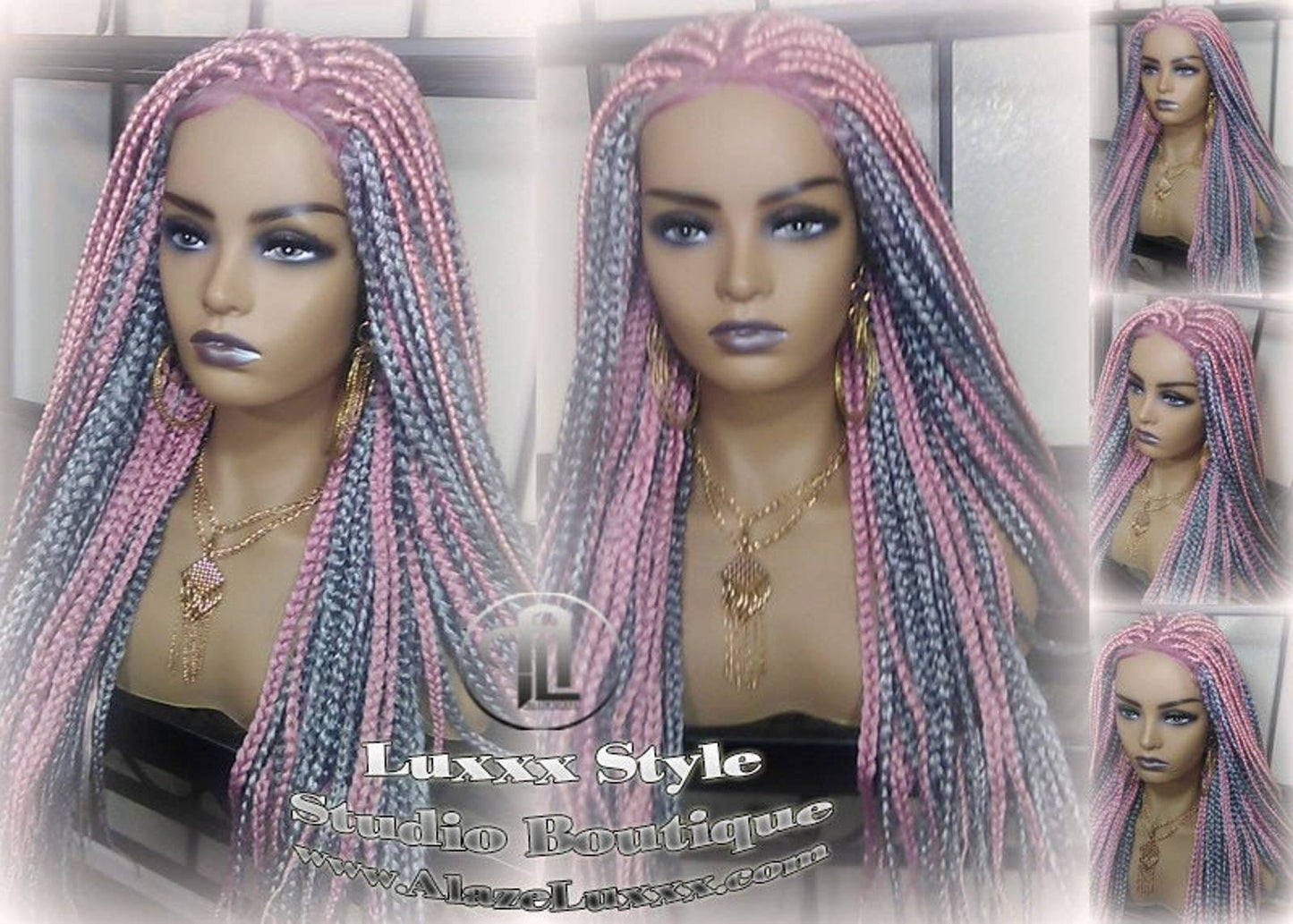 Mermaid Pink Grey Wig Box Braids braided Lace closure Baby hair Light Pink wig pink extensions stage hair gypsy Cosplay Drag Queen
