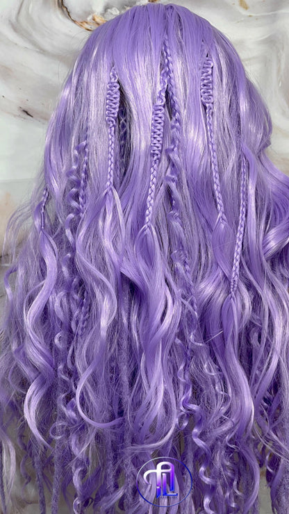Lavender Purple Dread Braid Wig With Bangs – Long Synthetic Boho Glam Wig - Chain Snake Goddess Loc Braid Wavy Curly Pastel 24in'