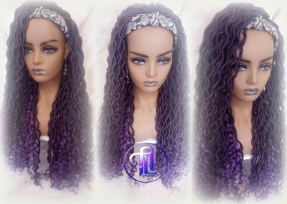 Headband Wig Viking Ombre Goddess Boho Locs  Black Purple Faux Locs Crochet Synthetic Dread Curly Ends Braided Hair Fall