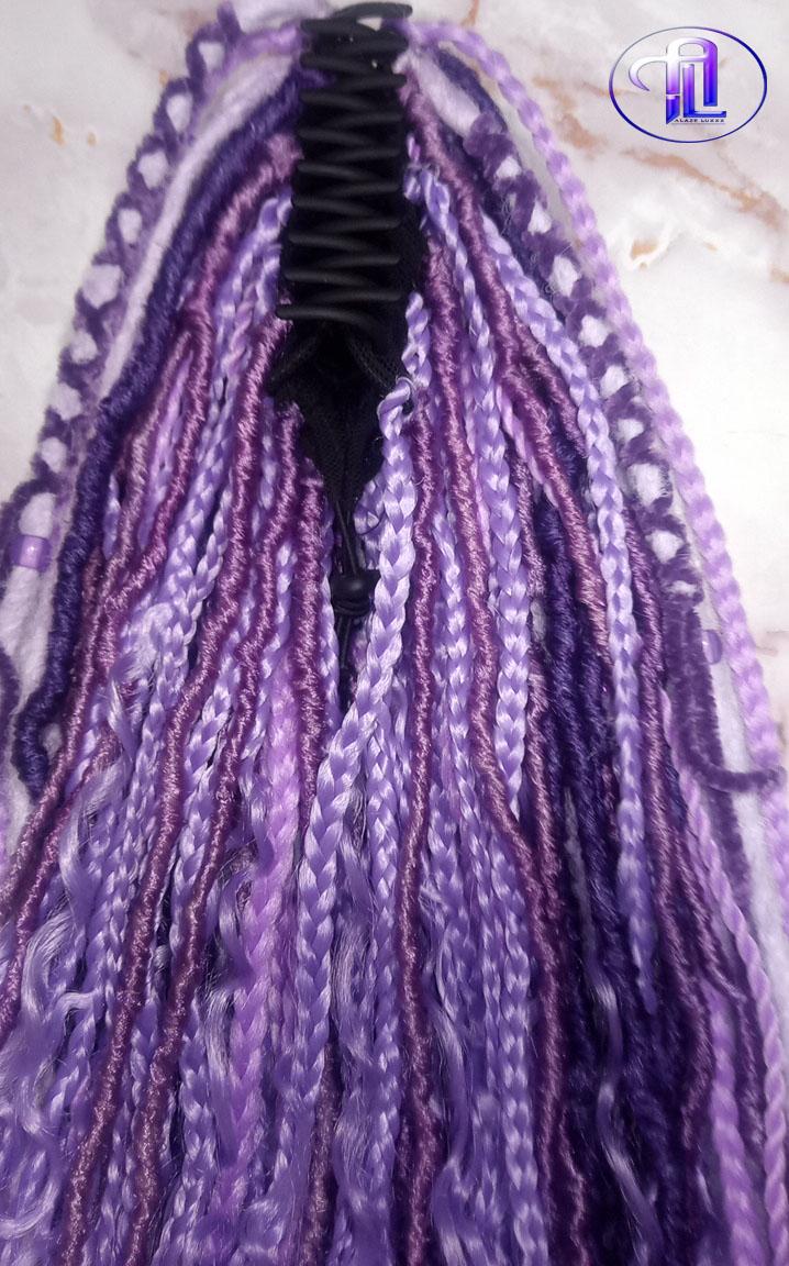 Claw Clip Drawstring Braids Dreads Ponytail Extension Viking Renaissance  Purple Lavender Accents Feathers synthetic clipin Butterfly