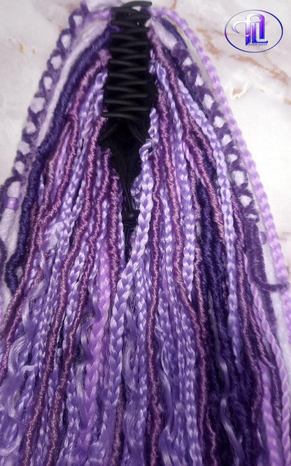 Claw Clip Drawstring Braids Dreads Ponytail Extension Viking Renaissance  Purple Lavender Accents Feathers synthetic clipin Butterfly