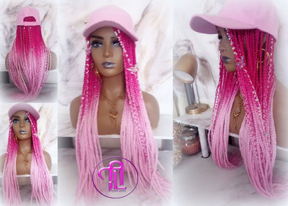 Hot Pink Light Pink Ombre Box Braid Hat Wig  Gym Hat Baseball Cap Braided Hair Hat Wig Cap Chemo Hat Alopecia Breast Cancer Awareness