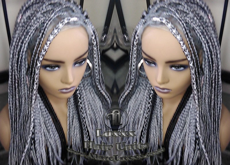Box Braid 44 51 Wig Grey Gray Black 1b Silver Metallic Chrome Lace Baby Hair Storm Long Medium Straight Glueless! Braid Lace Wig