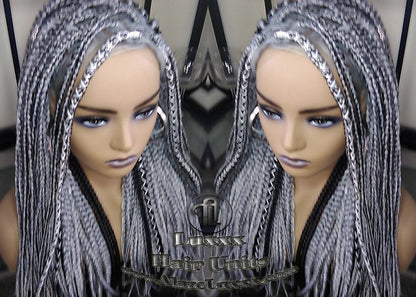Box Braid 44 51 Wig Grey Gray Black 1b Silver Metallic Chrome Lace Baby Hair Storm Long Medium Straight Glueless! Braid Lace Wig
