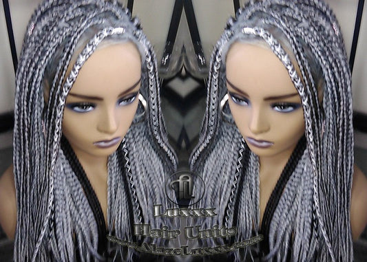 Box Braid 44 51 Wig Grey Gray Black 1b Silver Metallic Chrome Lace Baby Hair Storm Long Medium Straight Glueless! Braid Lace Wig
