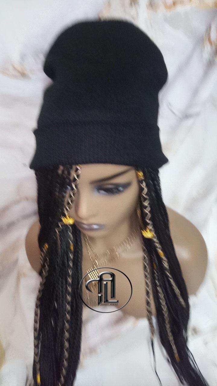 Beanie Hat Black Box Braid Boho Style Long Hat Beanie Braided Hat Winter fall fashion Cap Wig Hat Chemo Hat Alopecia Gold Accents Charms
