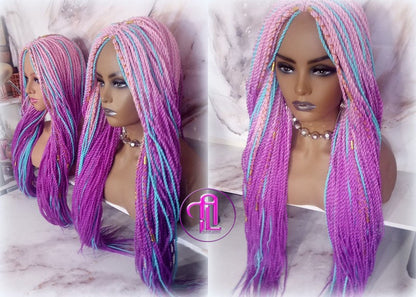 Ombre Pink Purple Blue 24 Inch Long Soft Senegalese Twist Ombre Braids Hair Synthetic Braiding Hair Extension Unicorn accents