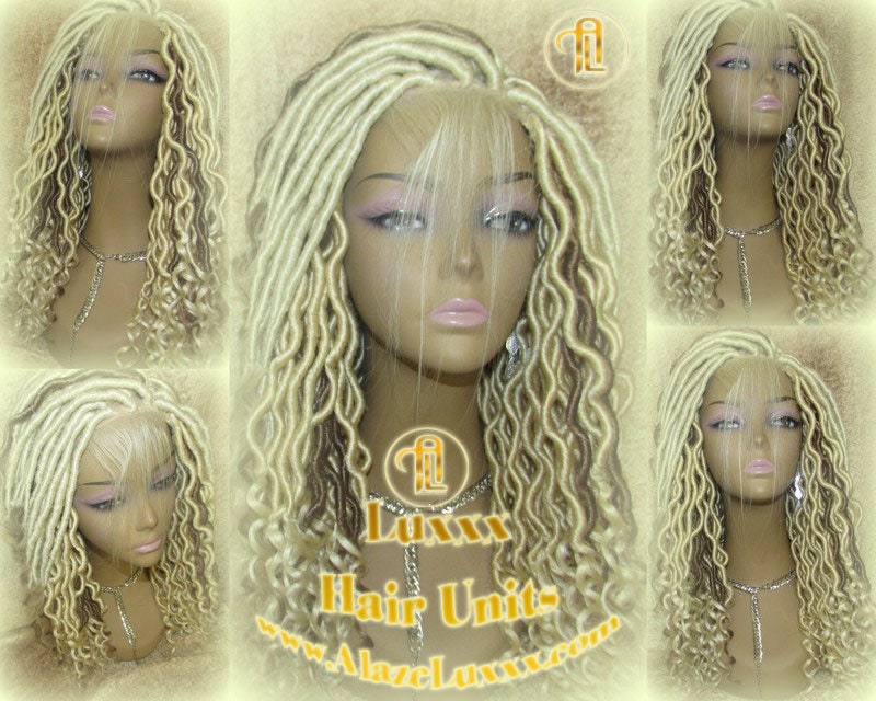 Platinum Blonde Gypsy Bohemian Boho Goddess Faux Dread Locs Wig Unit! Blonde #613 #27 Wavy Marley Dred Lace Closure Lace 4x4 Wig Baby Hair