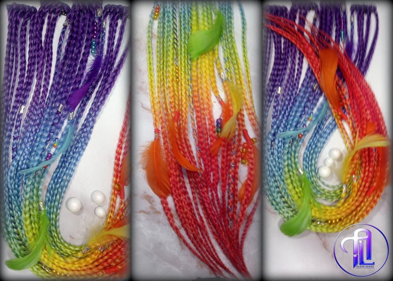 Rainbow Ombre Clip in Braid Long 24 in Boho Feathers Elements Extensions Rainbow Ombre Pink Box braiding Rave Festival LGBTQ Pride