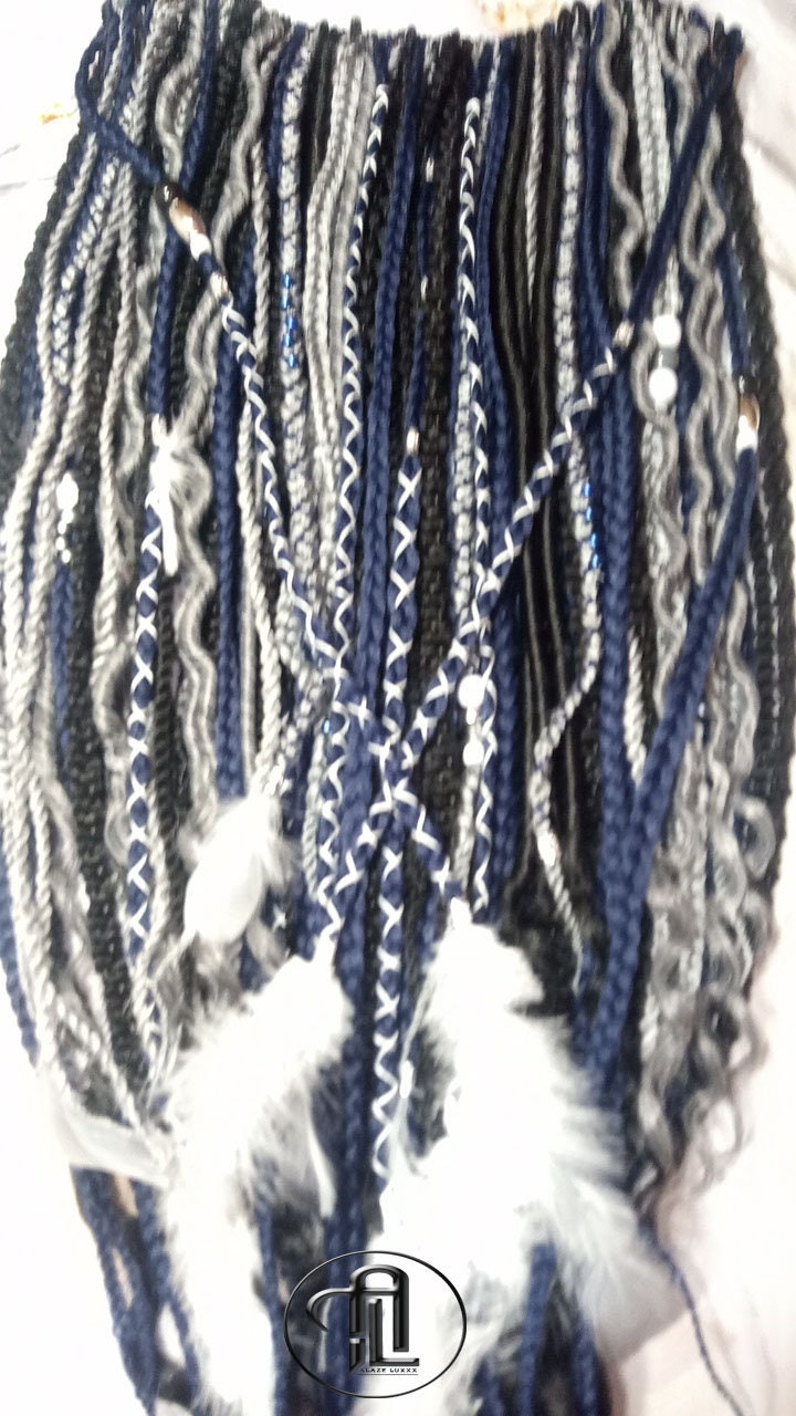 Blue Black Silver Boho Single Ended SE 100 Piece Braids Plaits Twist Soft Crochet Boho Dread Braid Hair Wraps Extensions SE Dread Cuffs Ring