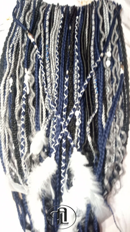 Blue Black Silver Boho Single Ended SE 100 Piece Braids Plaits Twist Soft Crochet Boho Dread Braid Hair Wraps Extensions SE Dread Cuffs Ring