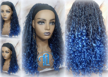 Blue Ombre Headband Braid Wig Goddess Box Braids Mermaid Boho curly bohemian braids Gradient Hair Short Curly 14 16in Viking Braids