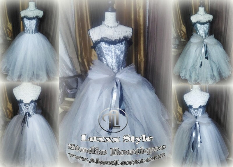 Silver White TuTu Tulle Corset Skirt Wedding Prom Party Dress Quinceanera Sweet16 Bridesmaid Burlesque Homecoming Cosplay EDC RAVE Festival