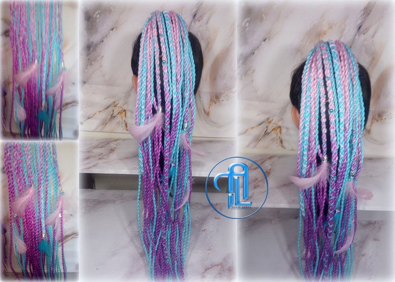 Ponytail Hair Fall Extensions Pink Ombre Purple Blue Elements Accents Feathers senegalese twist braids hair scrunchie gender reveal